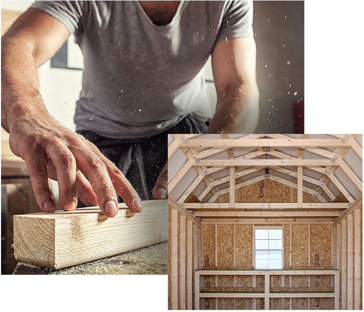 Construction worker and interior of lofted storage shed